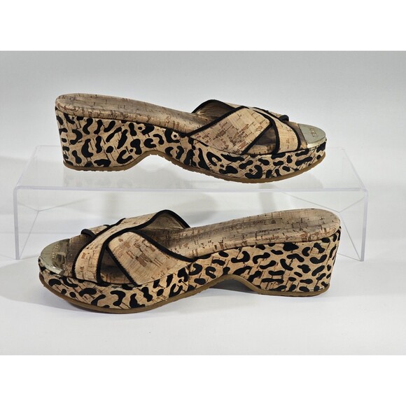 DMS Women's 36 Jimmy Choo Cork Wedge Leopard Peep Toe High Heels Pumps Slides - Picture 3 of 12